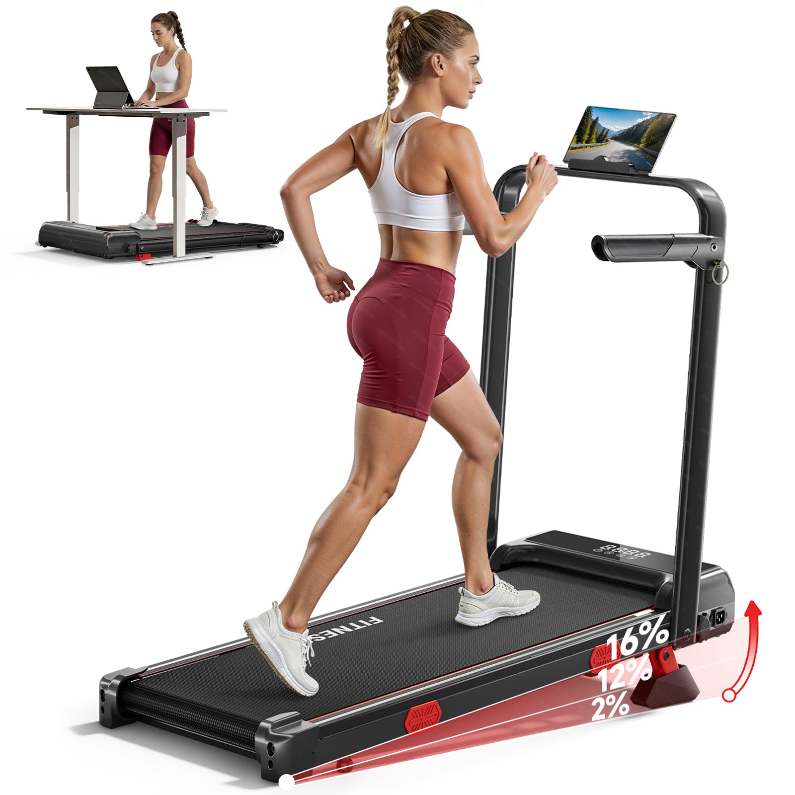 RHYTHM FUN 13% Incline Walking Pad Treadmill, 6.2MPH Foldable Walking Pad with Handle Bar, Under Desk Treadmills for Home Office, 300 LBS Capacity