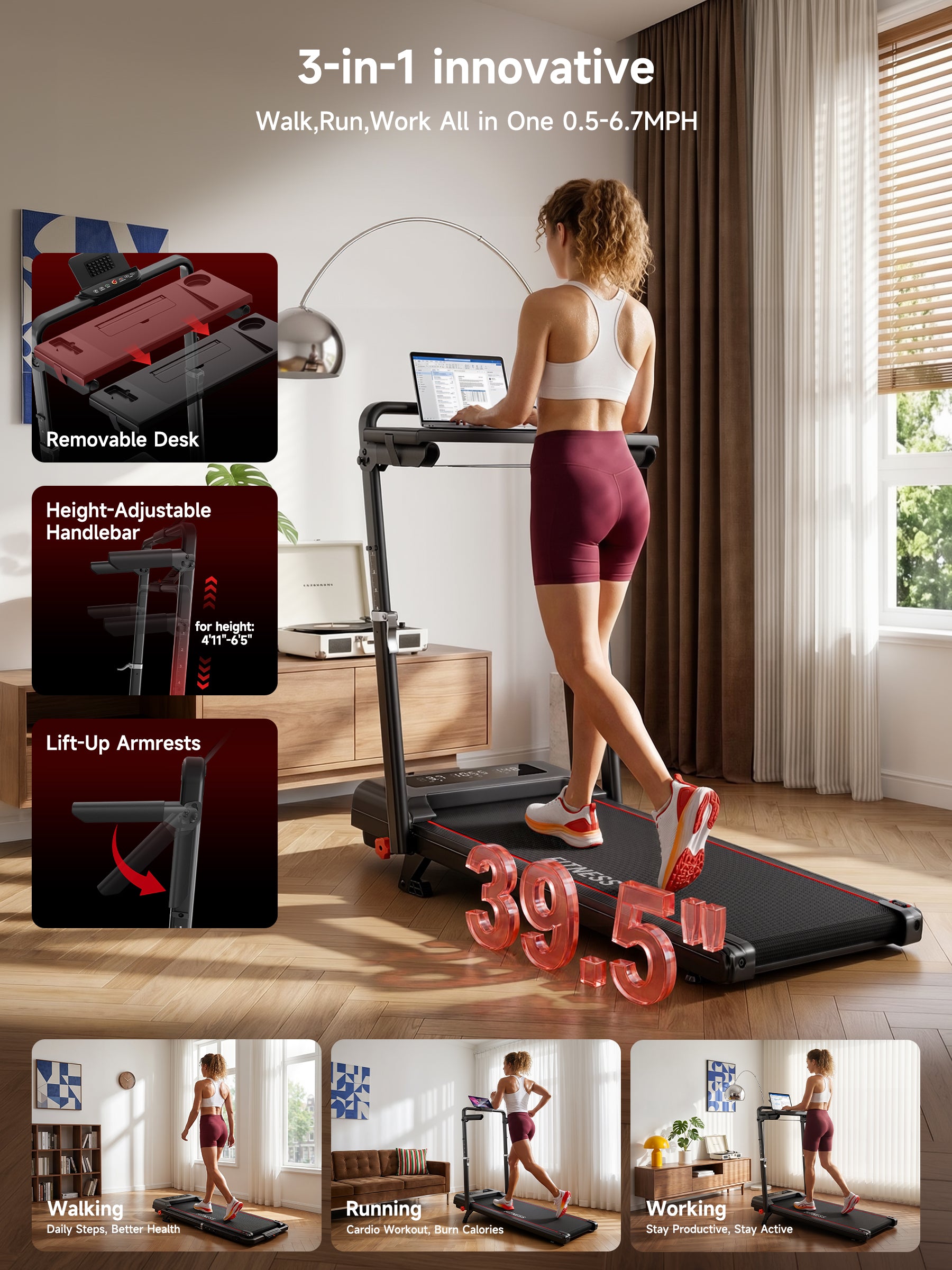 RHYTHM FUN Treadmills for Home, Treadmill with Handles,13% Incline, 7.5MPH
