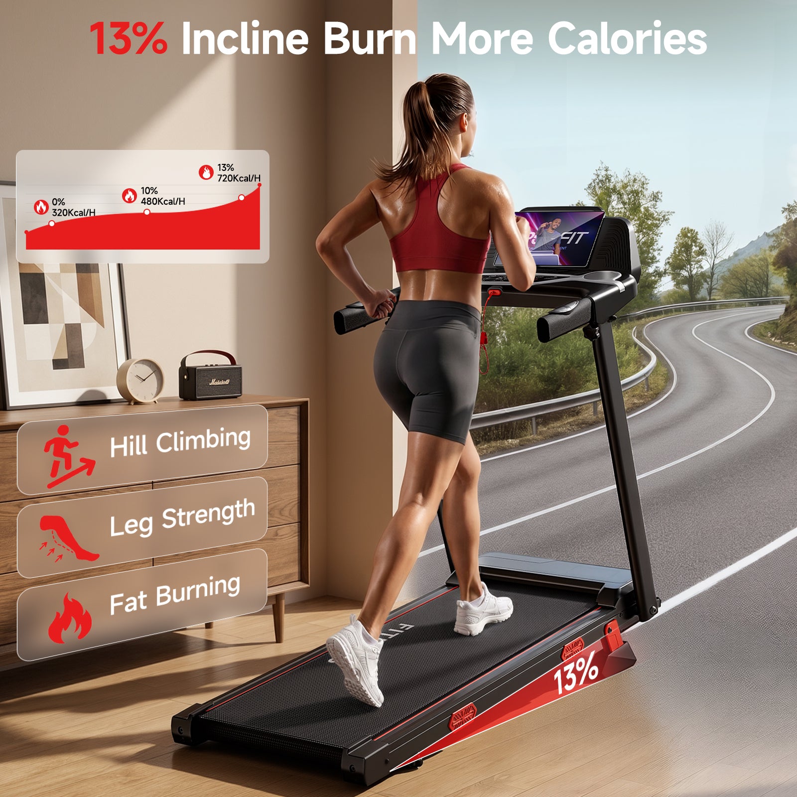 RHYTHM FUN Treadmills for Home, 3.0HP Treadmill with 13% Incline, Portable Walking Pad Treadmill with Handles, Quiet Folding Walking Pad, 7.5MPH Compact Running Treadmills, LED Display,350LBS Capacity