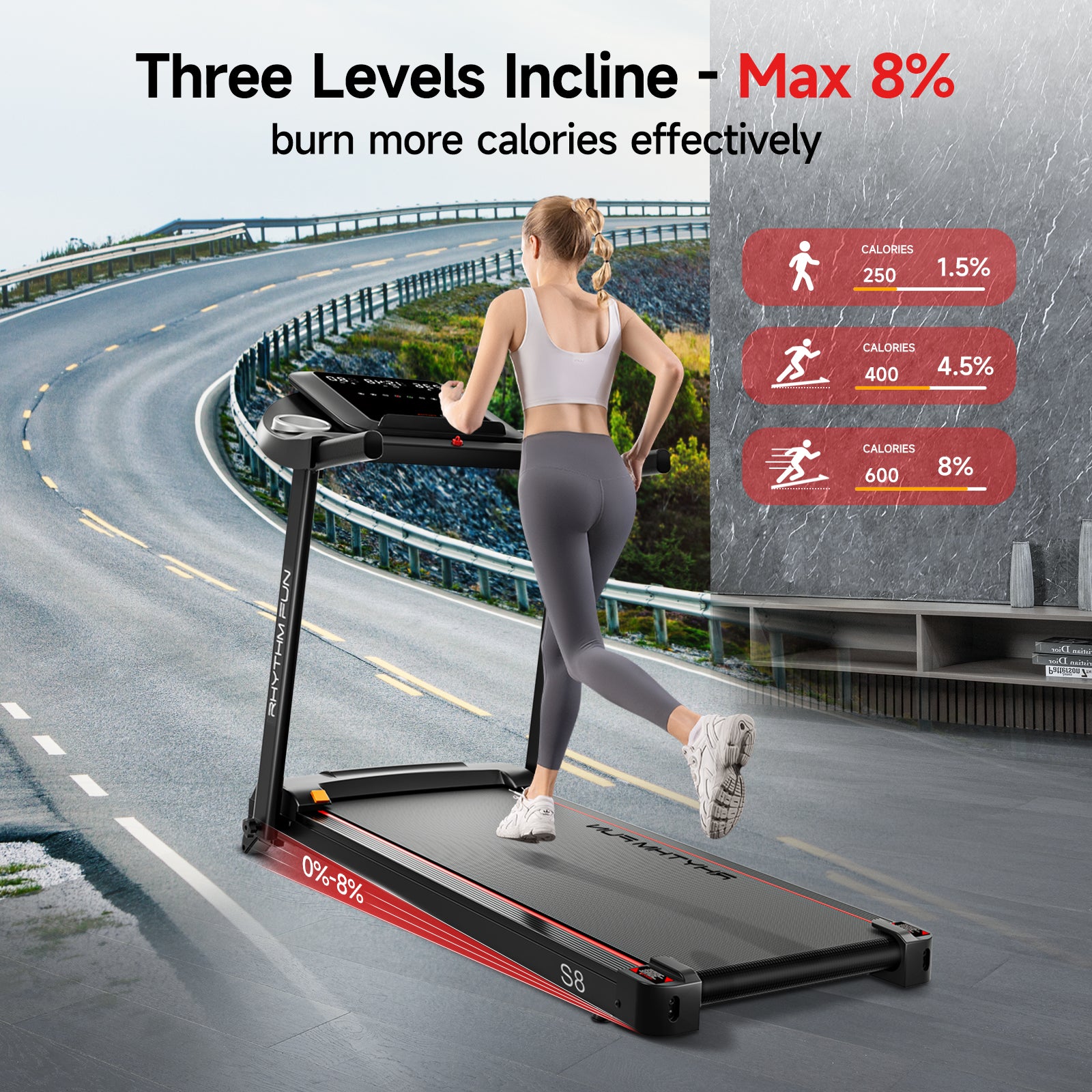 RHYTHM FUN S8 Treadmill with 8% Incline