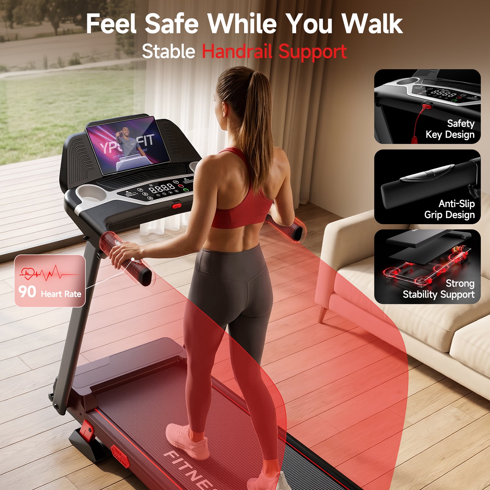 RHYTHM FUN Treadmills for Home, 3.0HP Treadmill with 13% Incline, Portable Walking Pad Treadmill with Handles, Quiet Folding Walking Pad, 7.5MPH Compact Running Treadmills, LED Display,350LBS Capacity