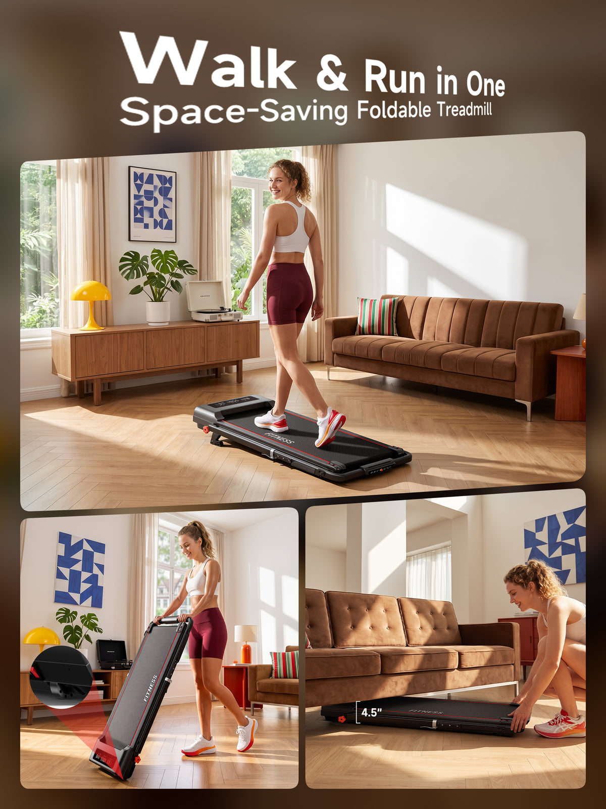 RHYTHM FUN Treadmills for Home, Treadmill with Handles,13% Incline, 7.5MPH