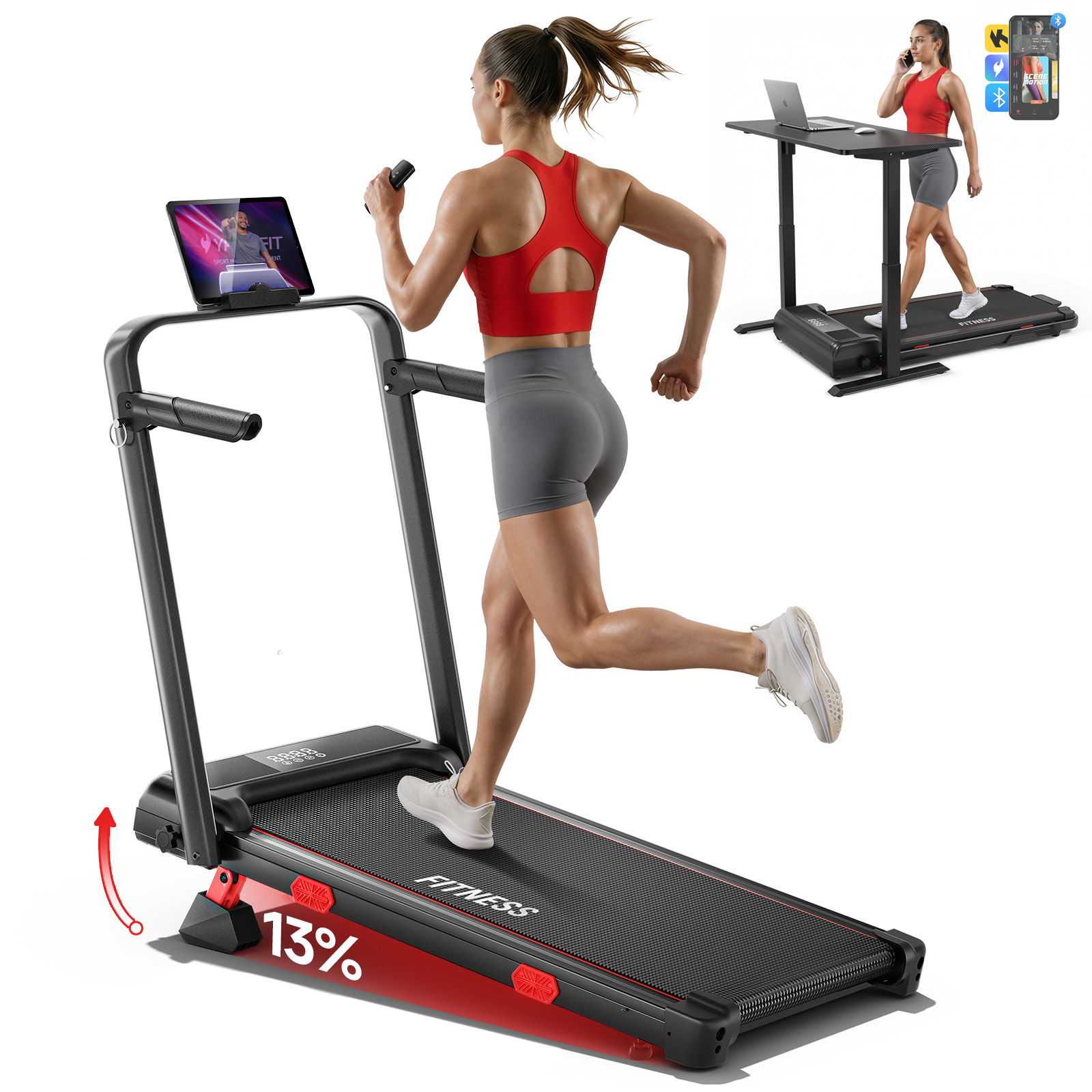 RHYTHM FUN 13% Incline Walking Pad Treadmill, 6.2MPH Foldable Walking Pad with Handle Bar, Under Desk Treadmills for Home Office, 300 LBS Capacity
