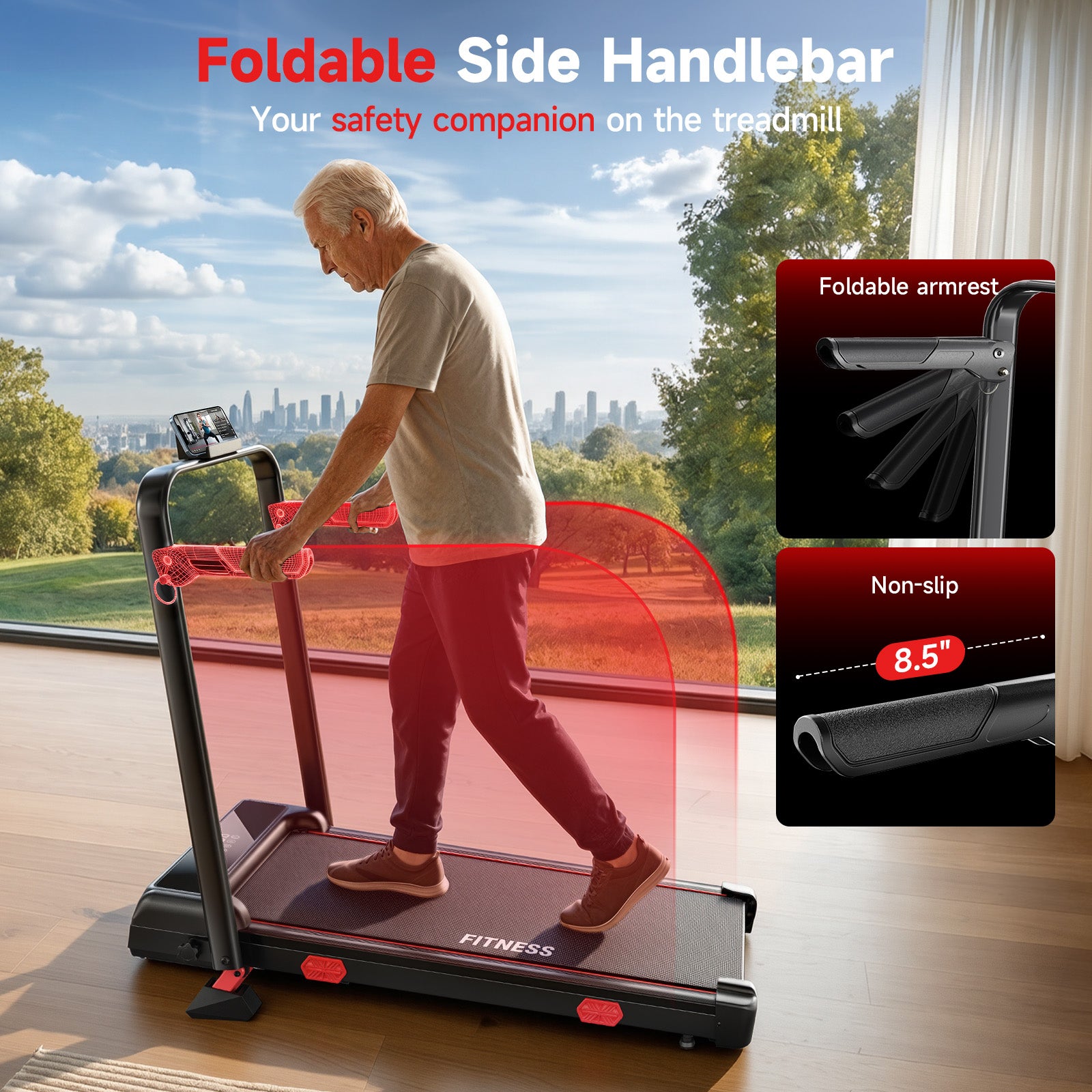 RHYTHM FUN 13% Incline Walking Pad Treadmill, 6.2MPH Foldable Walking Pad with Handle Bar, Under Desk Treadmills for Home Office, 300 LBS Capacity