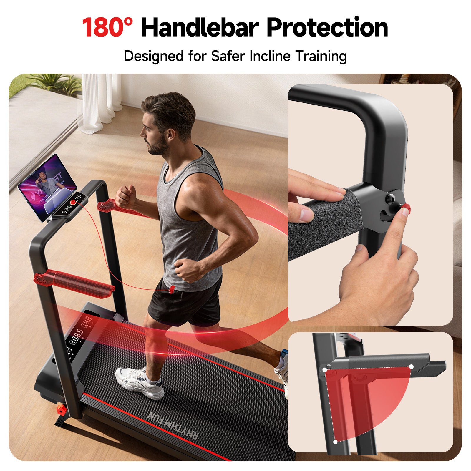 RHYTHM FUN Treadmill with Incline, Walking Pad with Handle Bar,300lbs Walking Pad with APP, Portable Folding Walking Treadmills for Home/Office with Low Noise