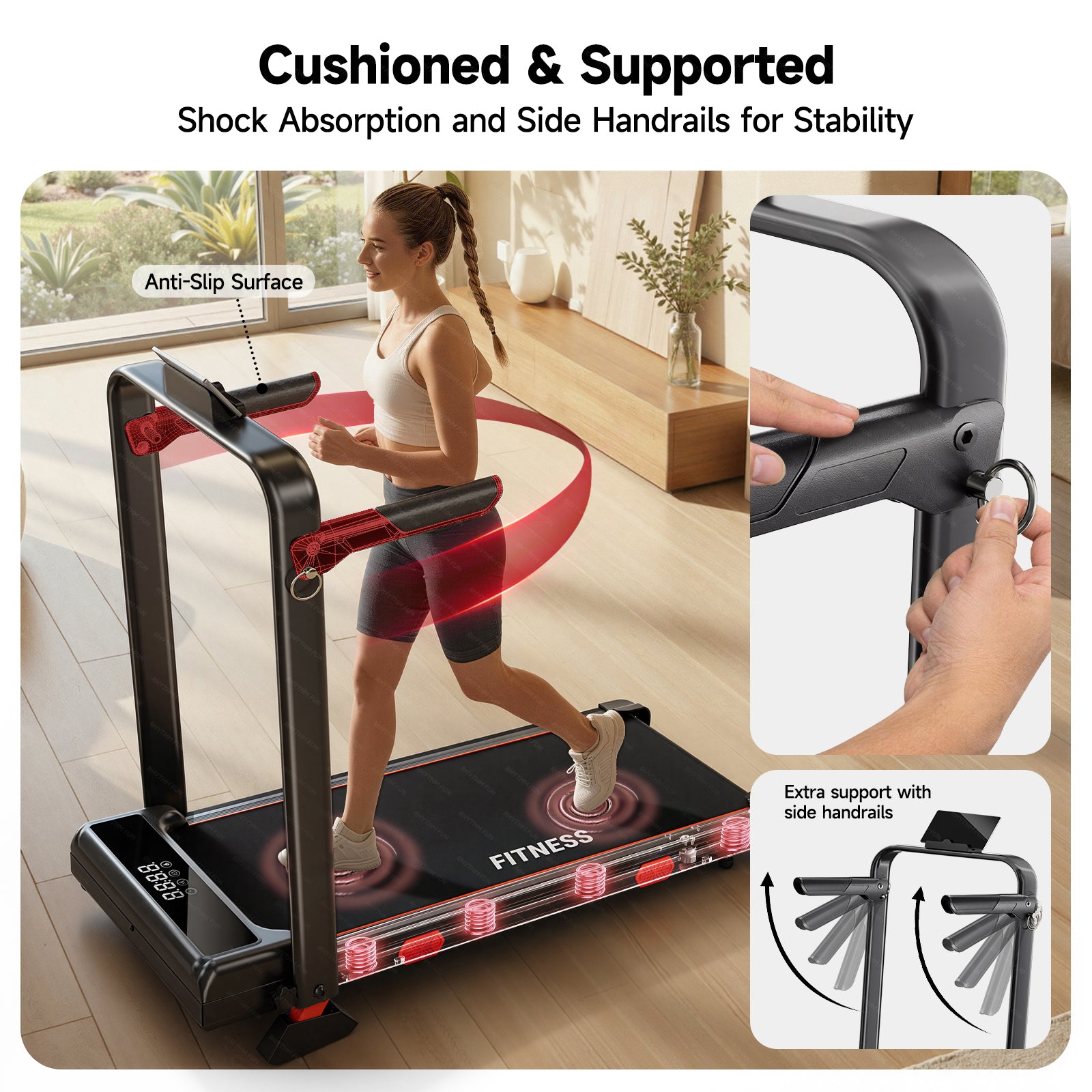 RHYTHM FUN 13% Incline Walking Pad Treadmill, 6.2MPH Foldable Walking Pad with Handle Bar, Under Desk Treadmills for Home Office, 300 LBS Capacity