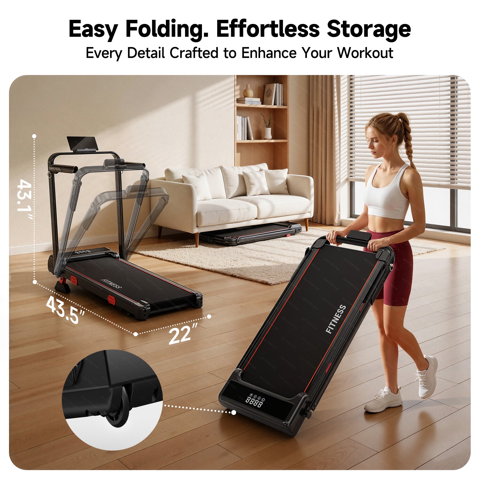 RHYTHM FUN 13% Incline Walking Pad Treadmill, 6.2MPH Foldable Walking Pad with Handle Bar, Under Desk Treadmills for Home Office, 300 LBS Capacity