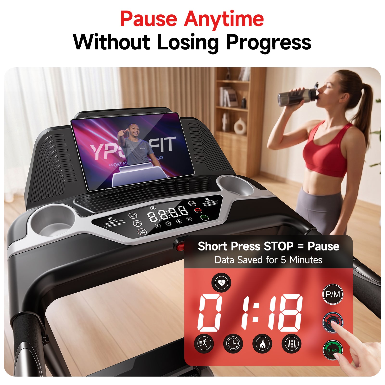 RHYTHM FUN Treadmills for Home, 3.0HP Treadmill with 13% Incline, Portable Walking Pad Treadmill with Handles, Quiet Folding Walking Pad, 7.5MPH Compact Running Treadmills, LED Display,350LBS Capacity