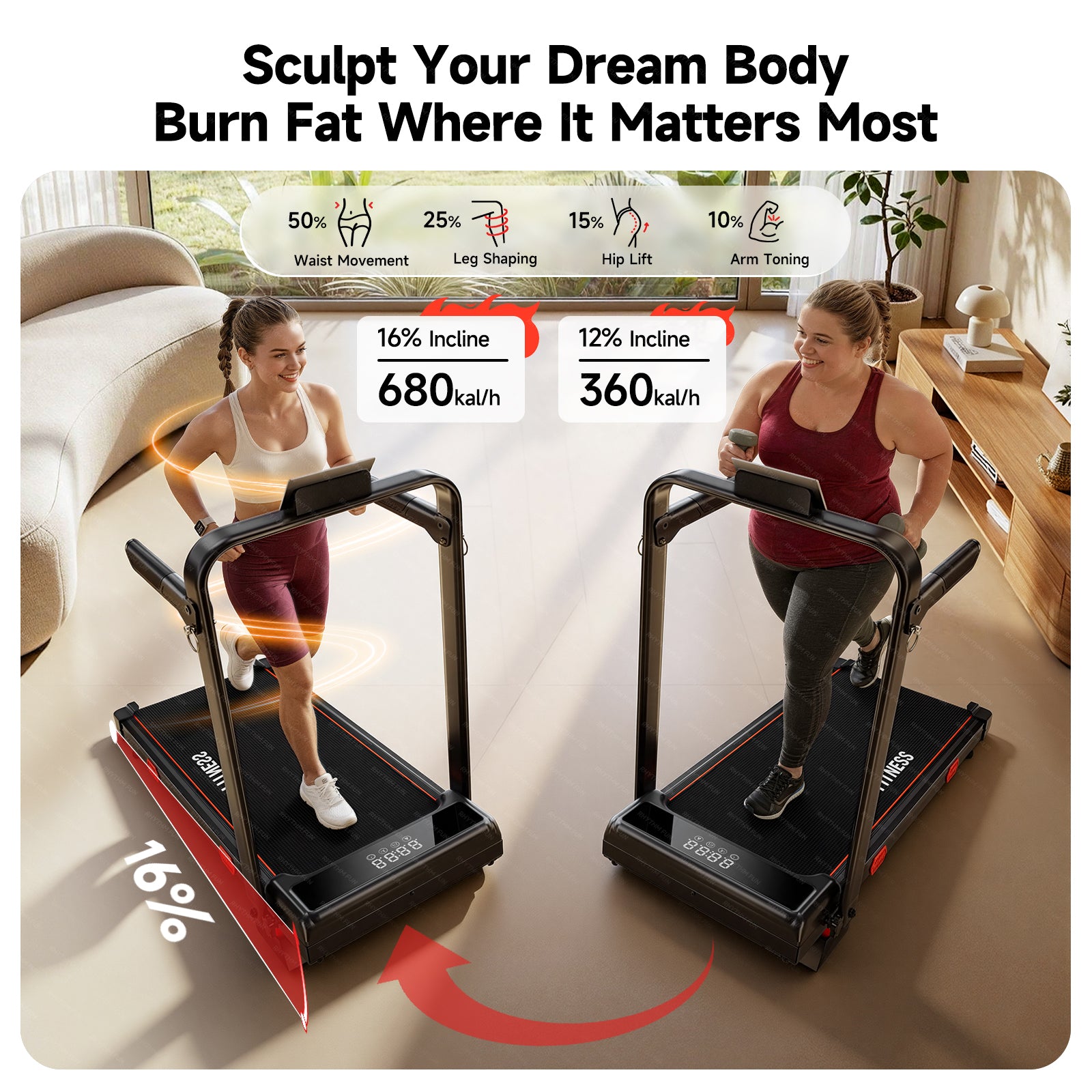 RHYTHM FUN 13% Incline Walking Pad Treadmill, 6.2MPH Foldable Walking Pad with Handle Bar, Under Desk Treadmills for Home Office, 300 LBS Capacity