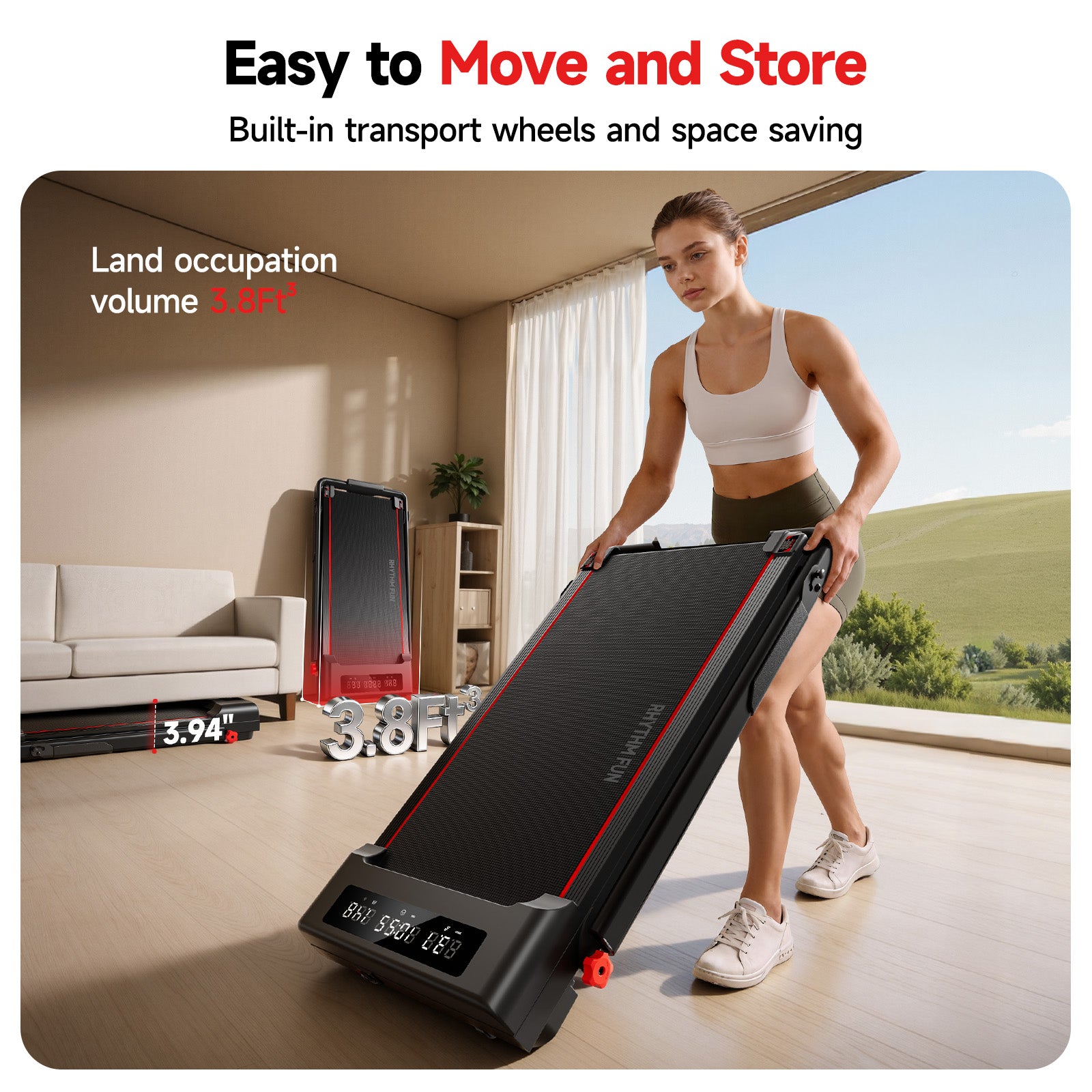 RHYTHM FUN Treadmill with Incline, Walking Pad with Handle Bar,300lbs Walking Pad with APP, Portable Folding Walking Treadmills for Home/Office with Low Noise