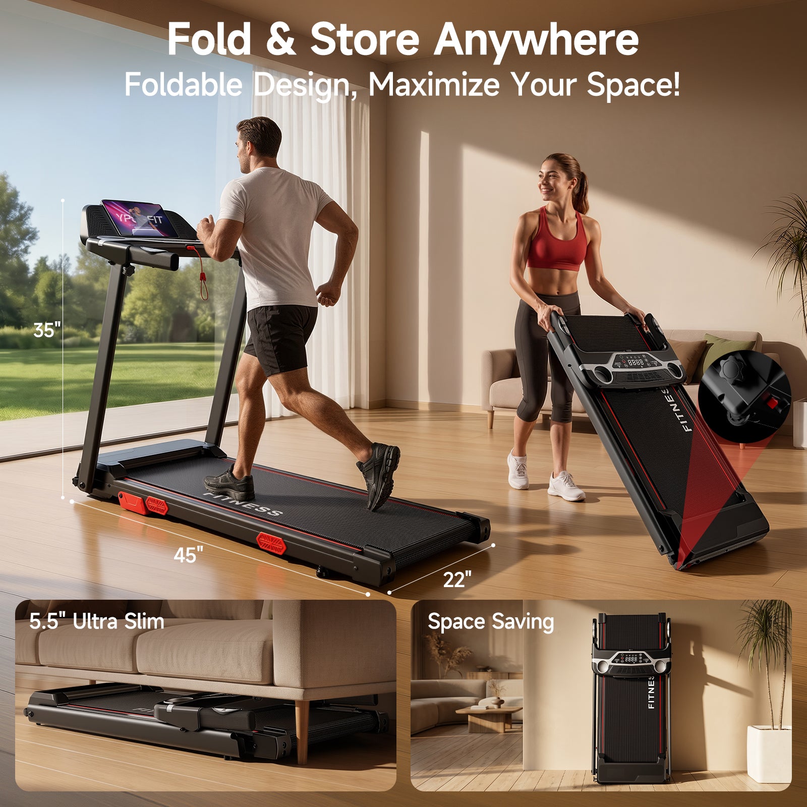 RHYTHM FUN Treadmills for Home, 3.0HP Treadmill with 13% Incline, Portable Walking Pad Treadmill with Handles, Quiet Folding Walking Pad, 7.5MPH Compact Running Treadmills, LED Display,350LBS Capacity