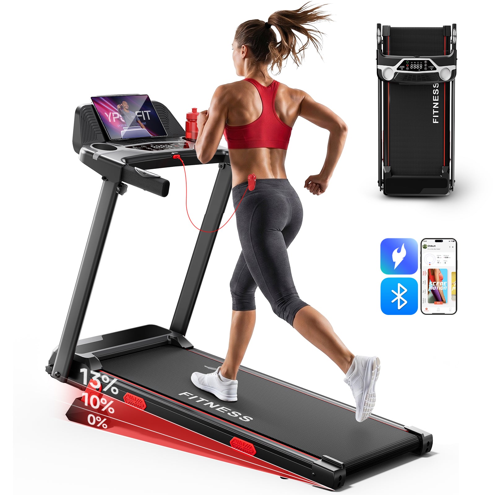 RHYTHM FUN Treadmills for Home, 3.0HP Treadmill with 13% Incline, Portable Walking Pad Treadmill with Handles, Quiet Folding Walking Pad, 7.5MPH Compact Running Treadmills, LED Display,350LBS Capacity